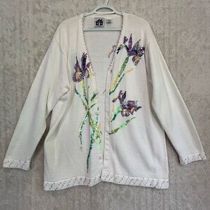 Storybook Knits Sequined Iris Bouquet Button Cardigan Sz 2X Beaded Embellished